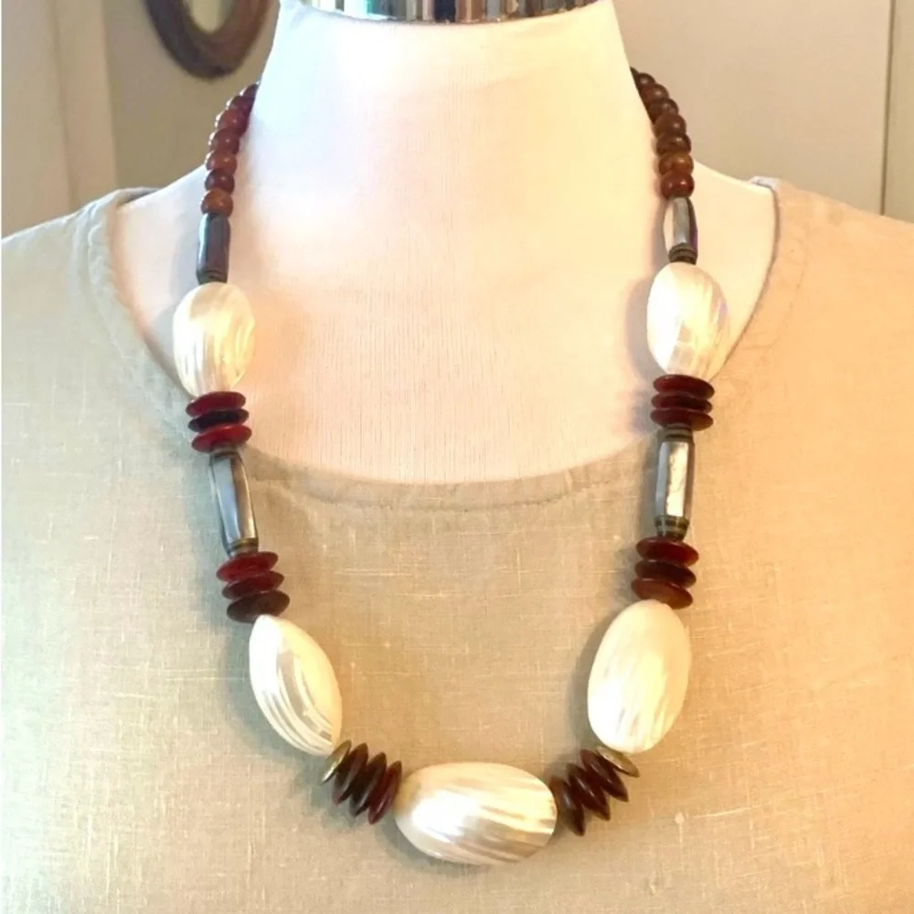Vintage Abalone Mother of Pearl Agate Necklace Tribal Beach Artisan coastal chic